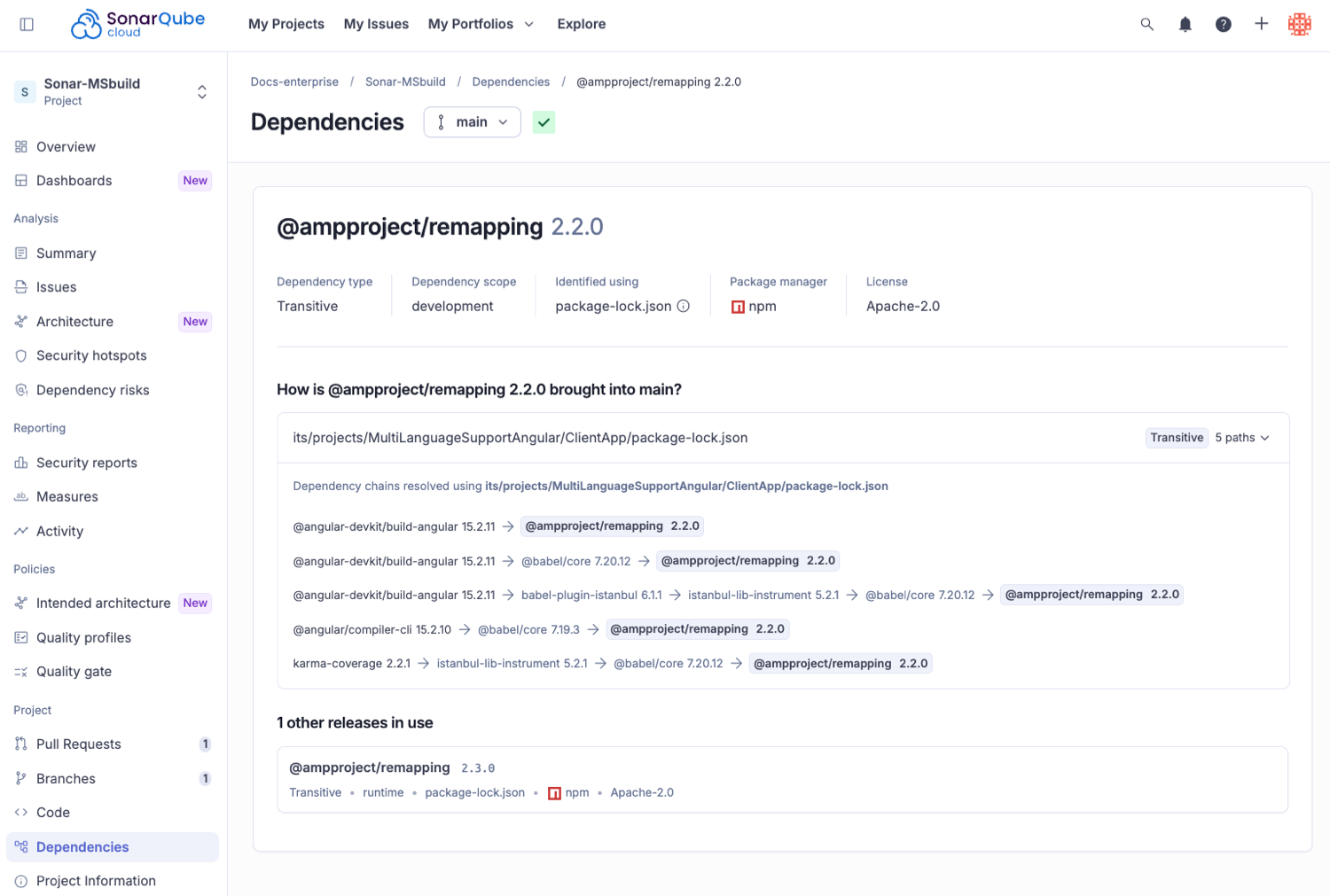 The detailed view of a dependency in SonarQube Cloud
