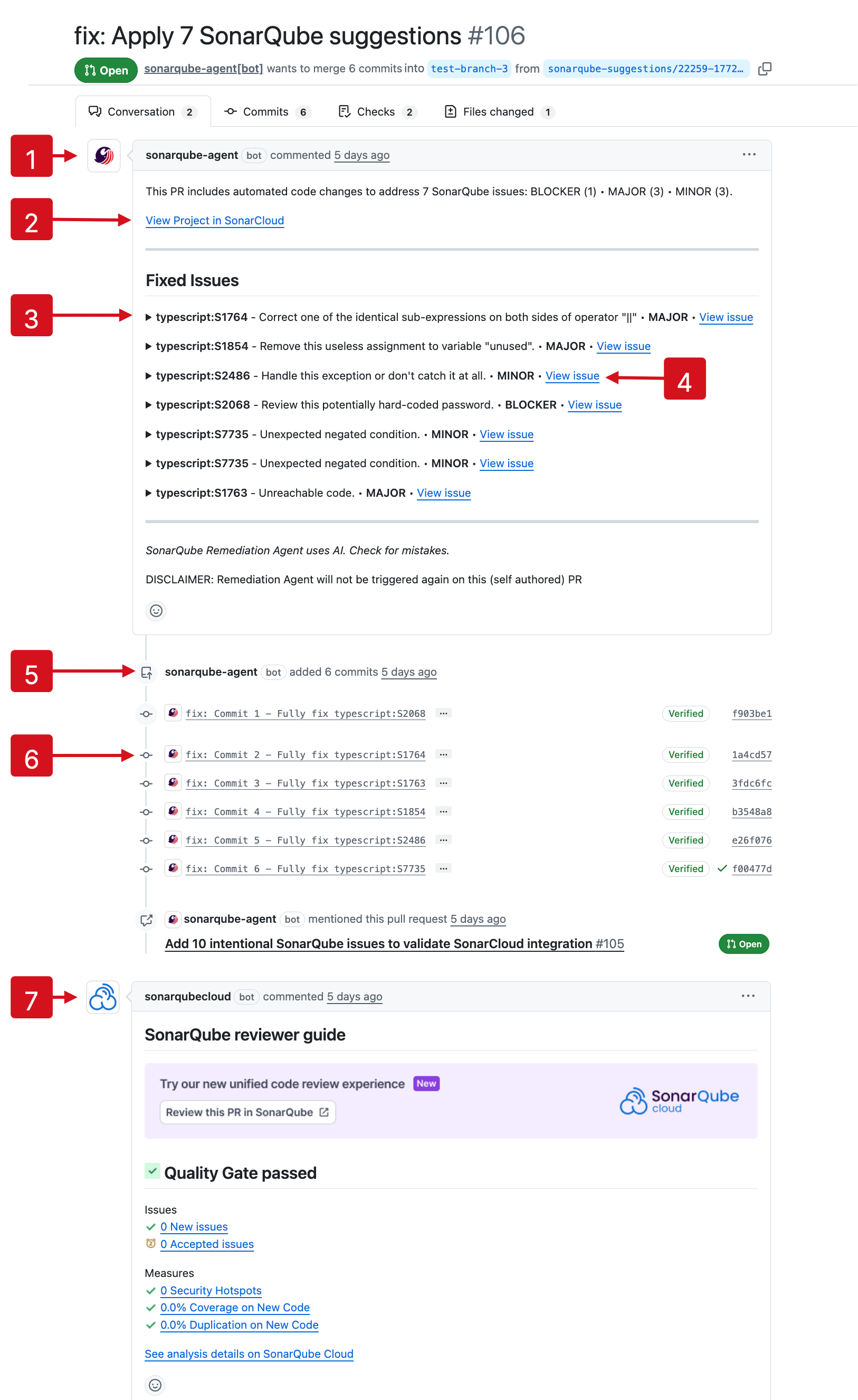 Each issue fixed by the SonarQube Remediation Agent will have information to help you review what is changed in the PR.