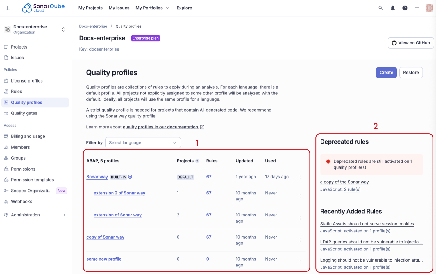 Overview of the quality profile page