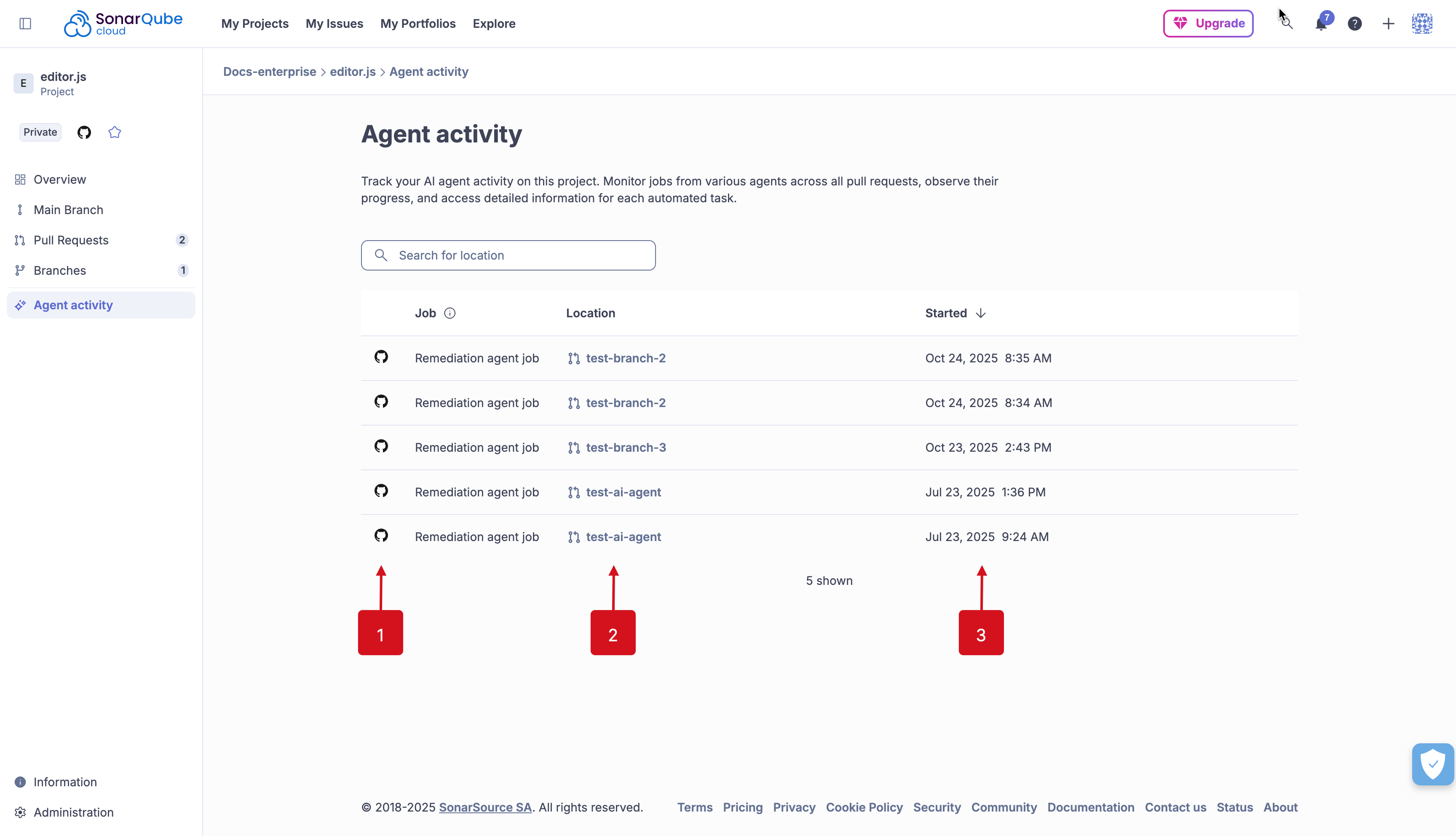 The SonarQube Cloud Agent activity page lists each of the agent's event moments on your pull request analyses.