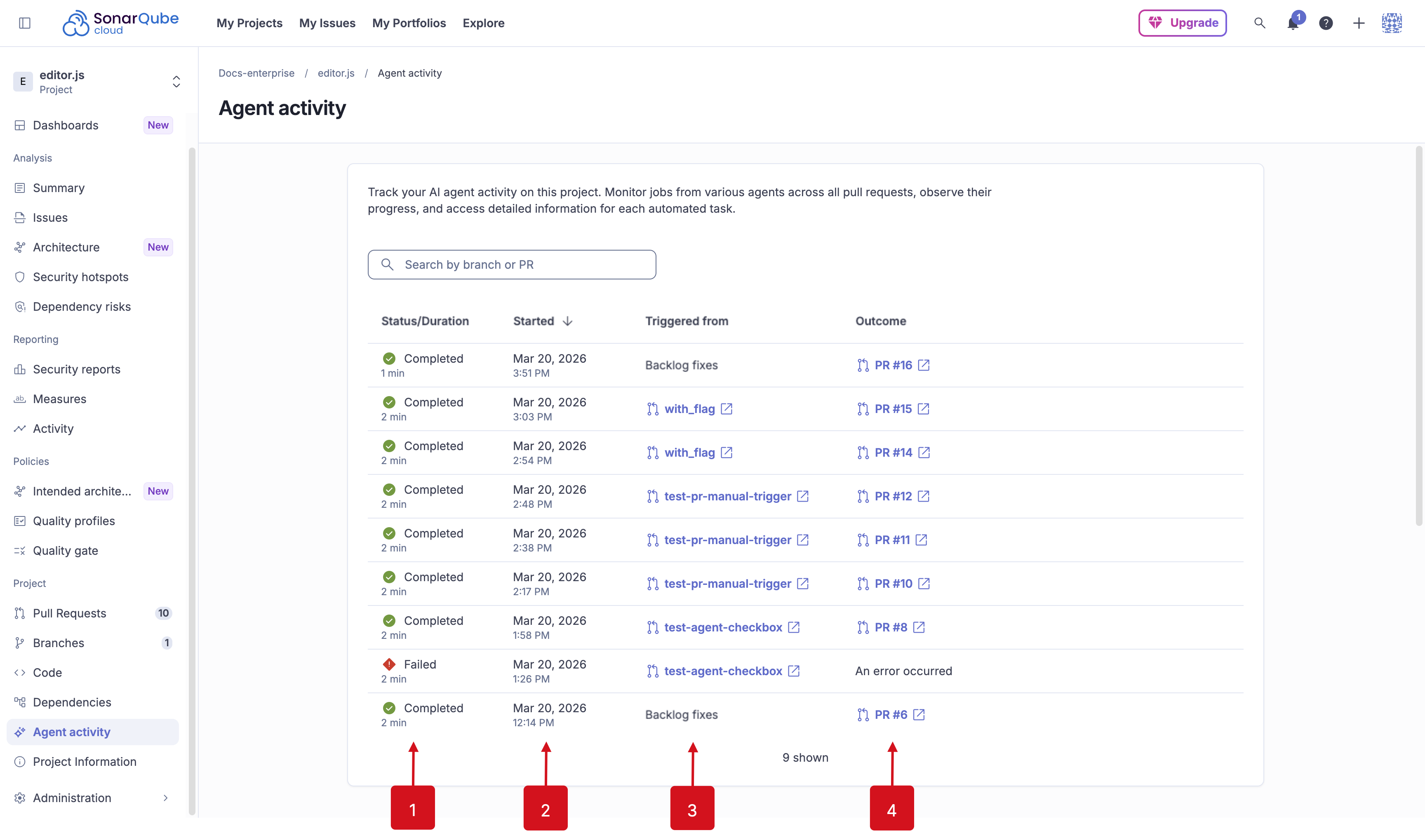 The SonarQube Cloud Agent activity page lists each of the agent's event moments on your pull request analyses.